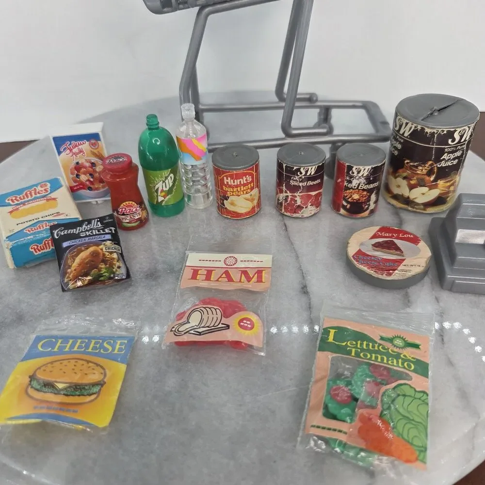 Vintage Barbie Grocery Shopping Cart Food Accessories Lot Ruffles 7Up Cans Toy